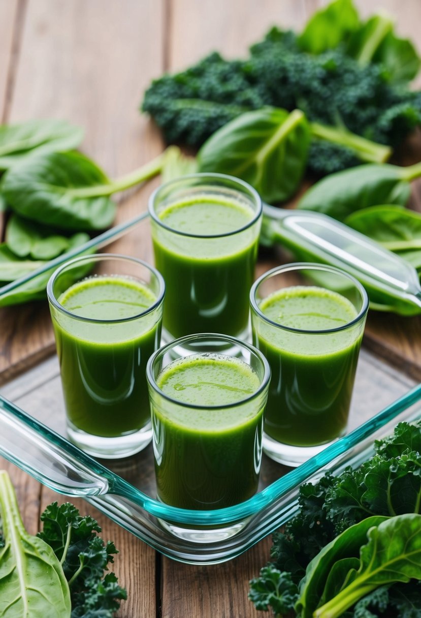 A glass tray filled with vibrant green juice shots surrounded by fresh spinach and kale leaves