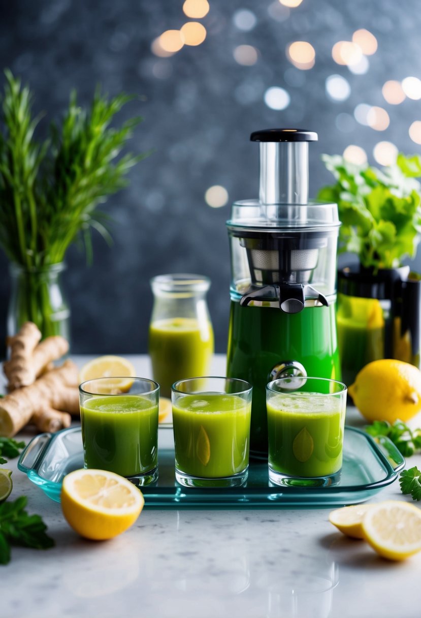 A glass tray holds three vibrant green juice shots with ginger and lemon slices, surrounded by fresh ingredients and a juicer