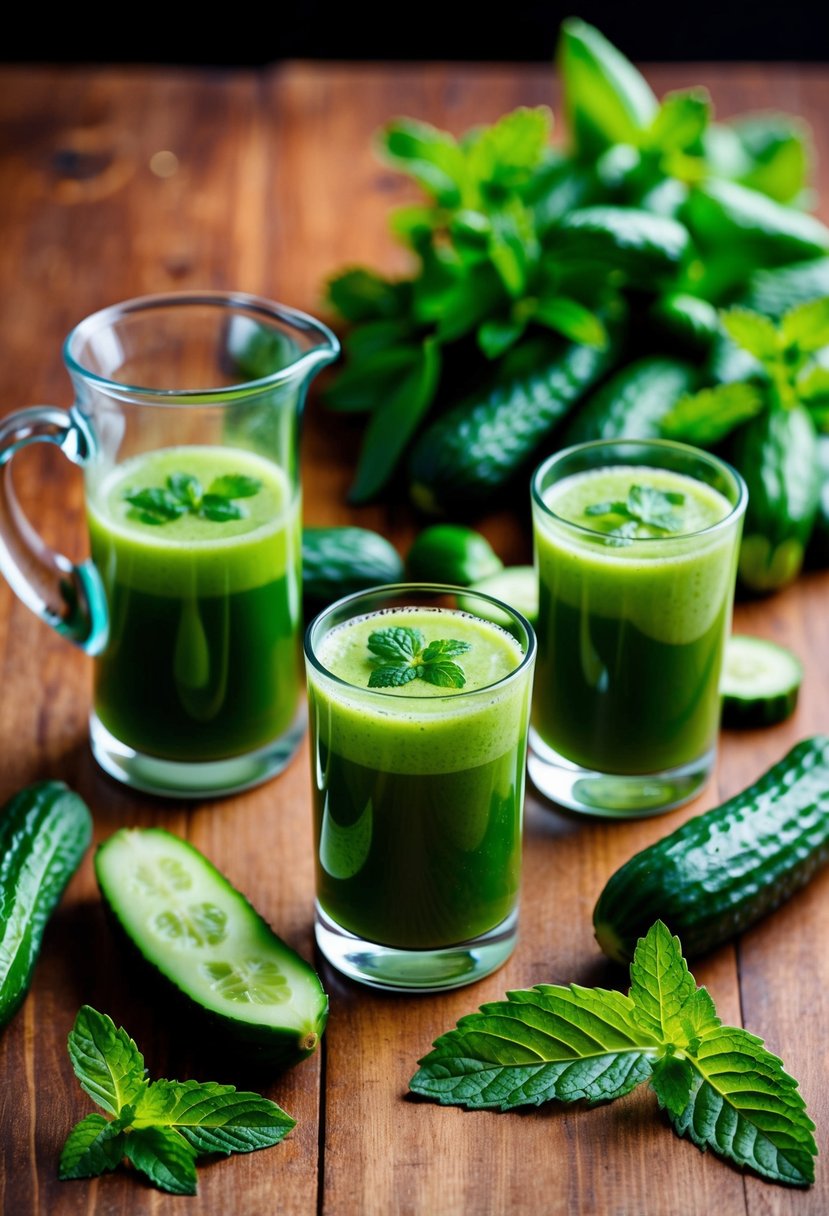 A glass pitcher filled with vibrant green cucumber mint juice shots surrounded by fresh cucumbers and mint leaves on a wooden table