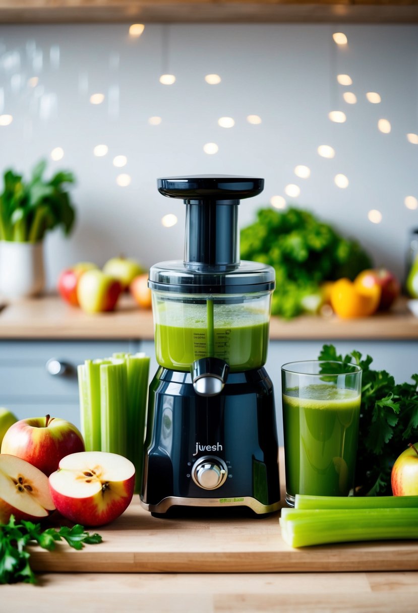 A glass of green juice with apples and celery surrounded by fresh produce and a juicer on a kitchen counter