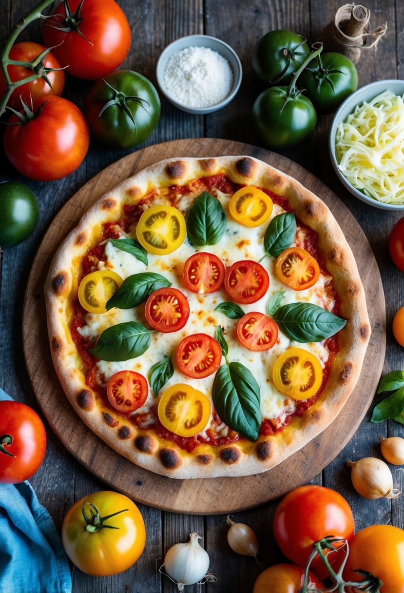 A rustic wooden table with a freshly baked heirloom tomato pizza surrounded by vibrant, large tomatoes and various recipe ingredients