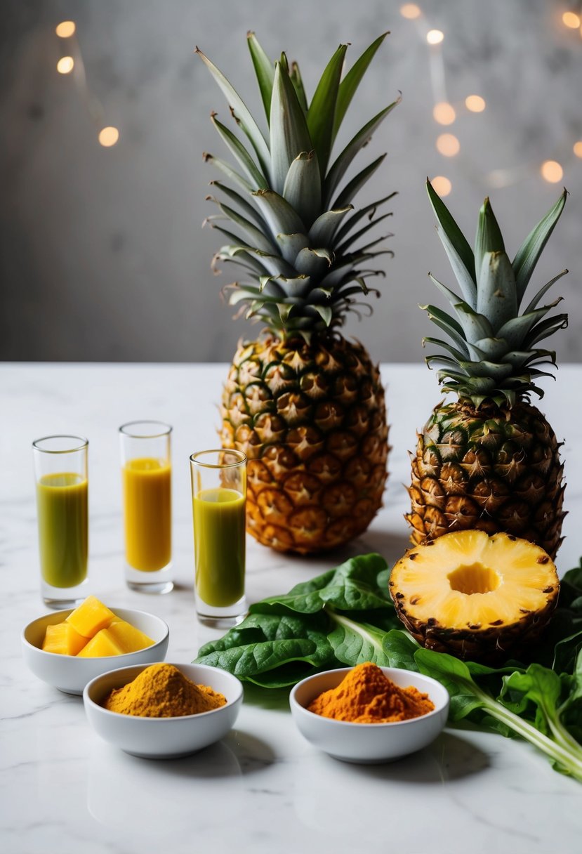 A table with assorted ingredients: pineapples, turmeric, and leafy greens. A blender and shot glasses ready for making pineapple turmeric elixir green juice shots