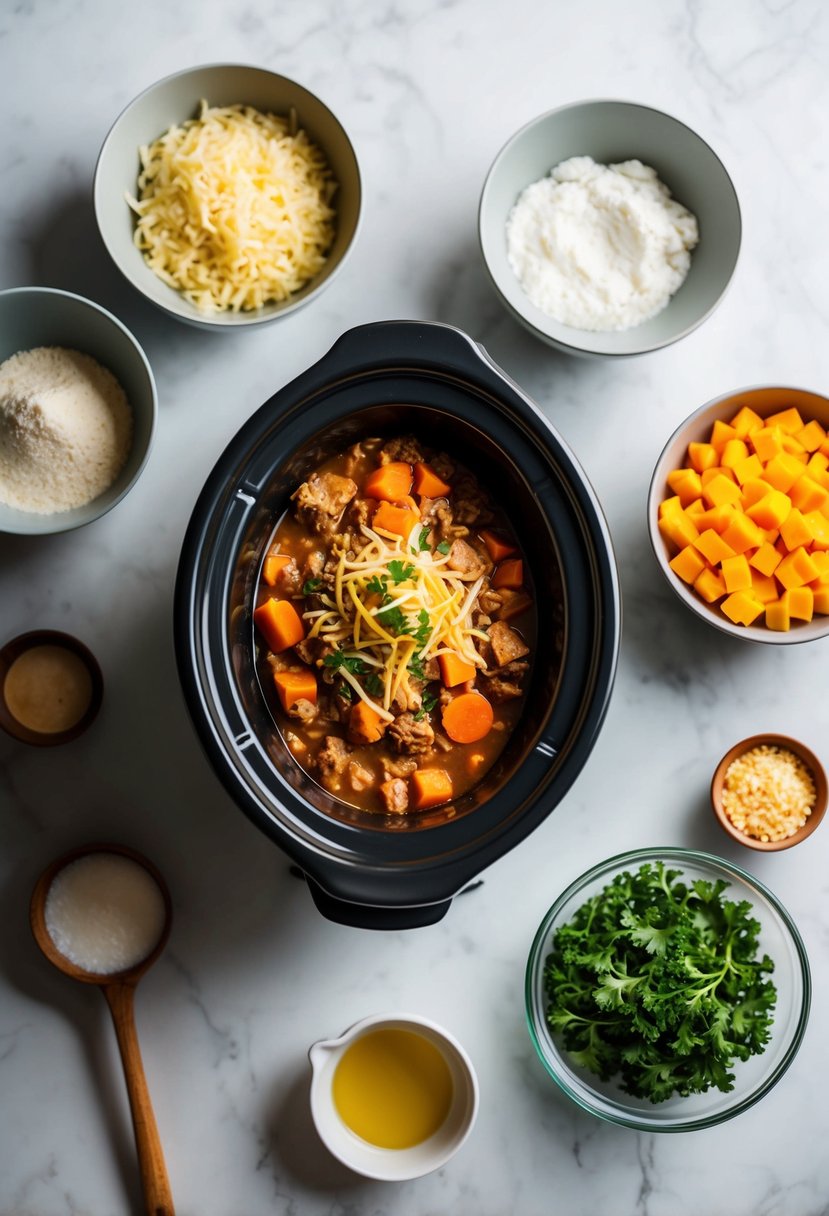 A crock pot surrounded by four essential ingredients for an easy casserole dinner recipe