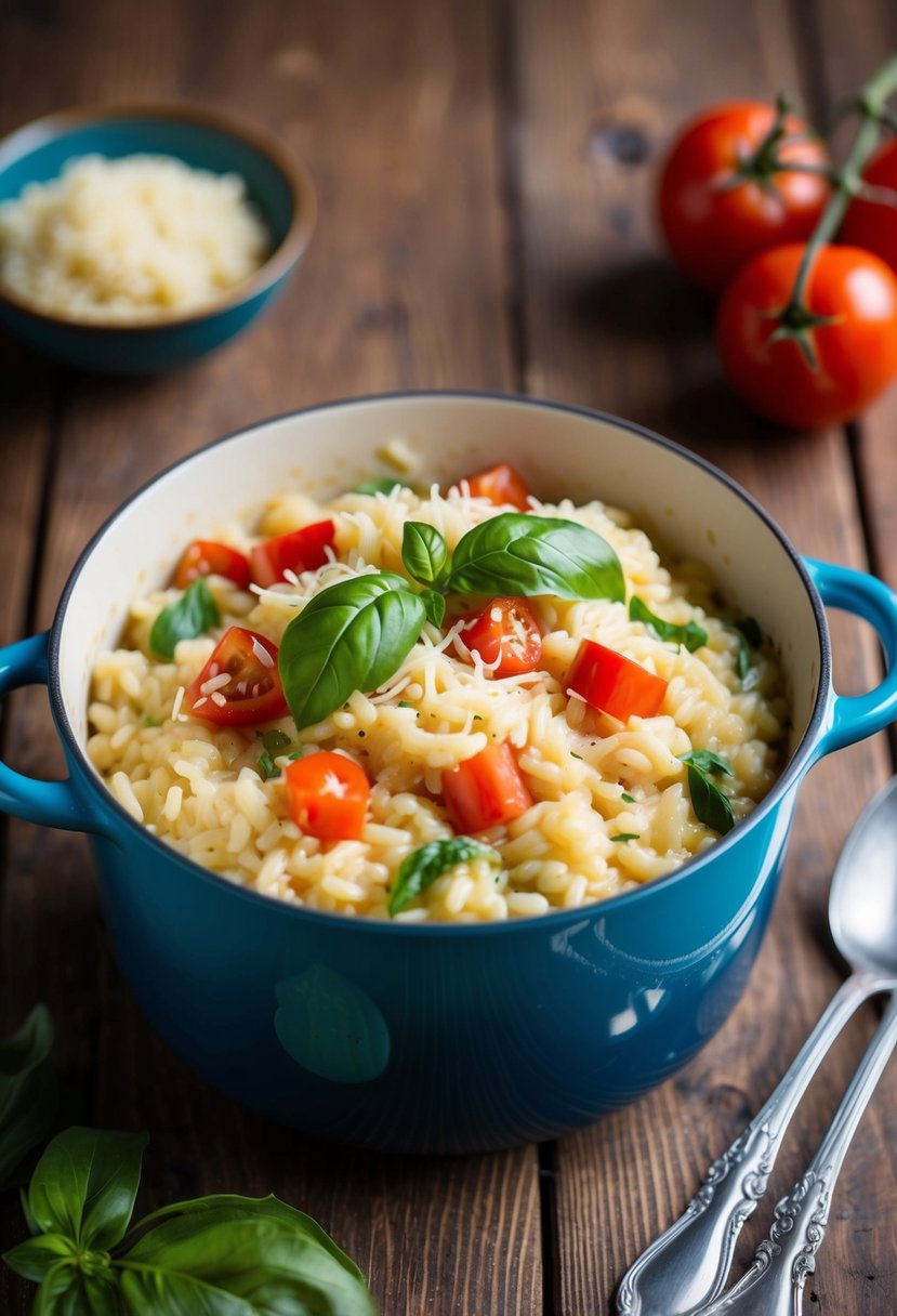 A pot of creamy risotto with diced tomatoes and fresh basil on a wooden table