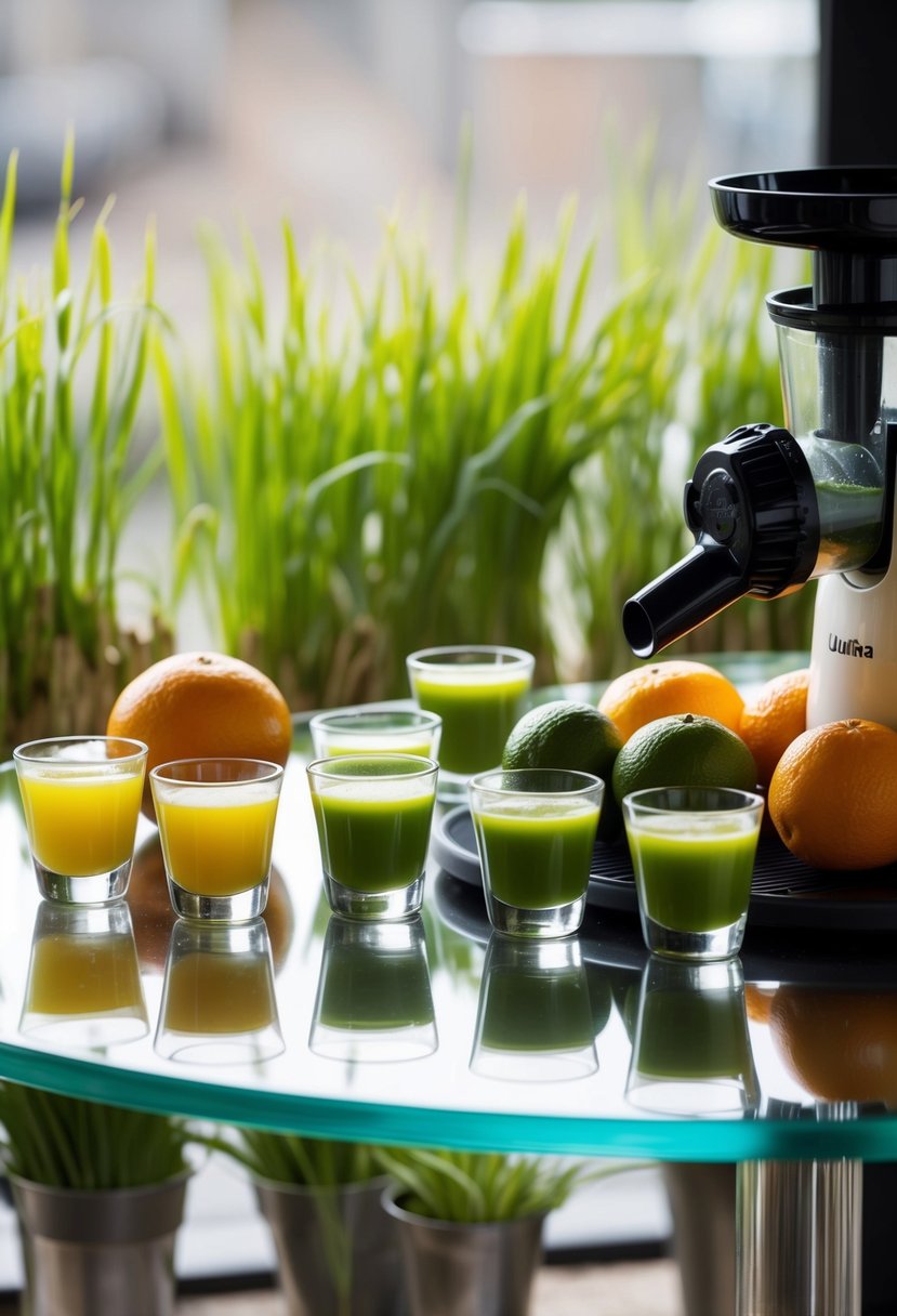 A glass table with assorted citrus fruits, wheatgrass, and a juicer. Bright green juice shots in small clear glasses arranged neatly