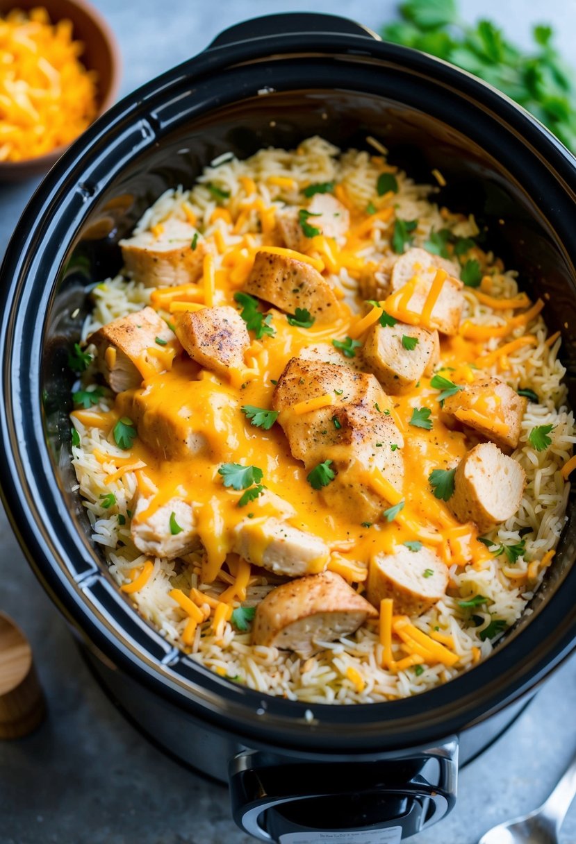 A crock pot filled with layers of chicken, rice, cheese, and seasoning, ready to be cooked into a delicious and easy casserole for dinner