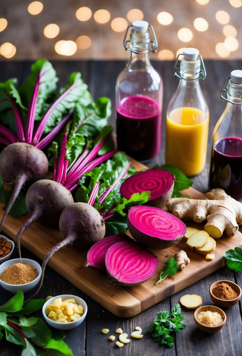 A vibrant assortment of fresh beetroot, ginger, and other ingredients arranged on a wooden cutting board, surrounded by glass bottles and juicing equipment