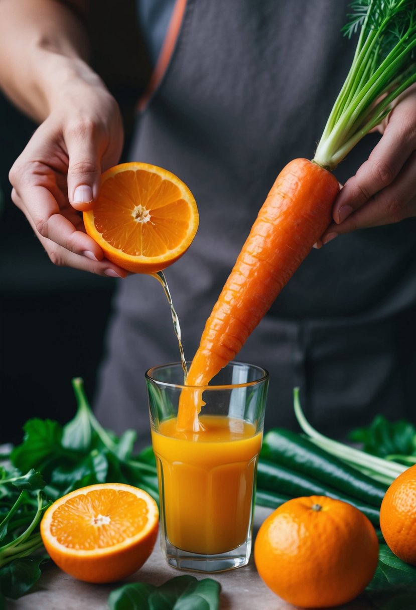 A vibrant orange carrot and a juicy orange are being sliced and juiced into a glass, surrounded by fresh green leafy vegetables and oranges