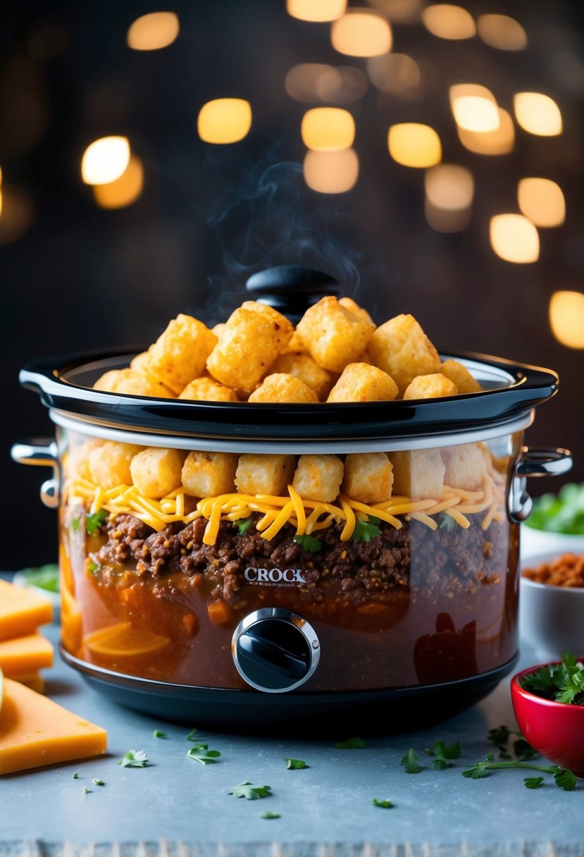 A crock pot filled with layers of tater tots, ground beef, cheese, and taco seasoning