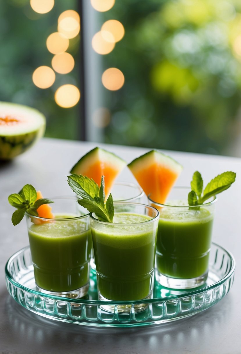 A glass tray holds three vibrant green juice shots with cucumber, melon, and mint garnishes