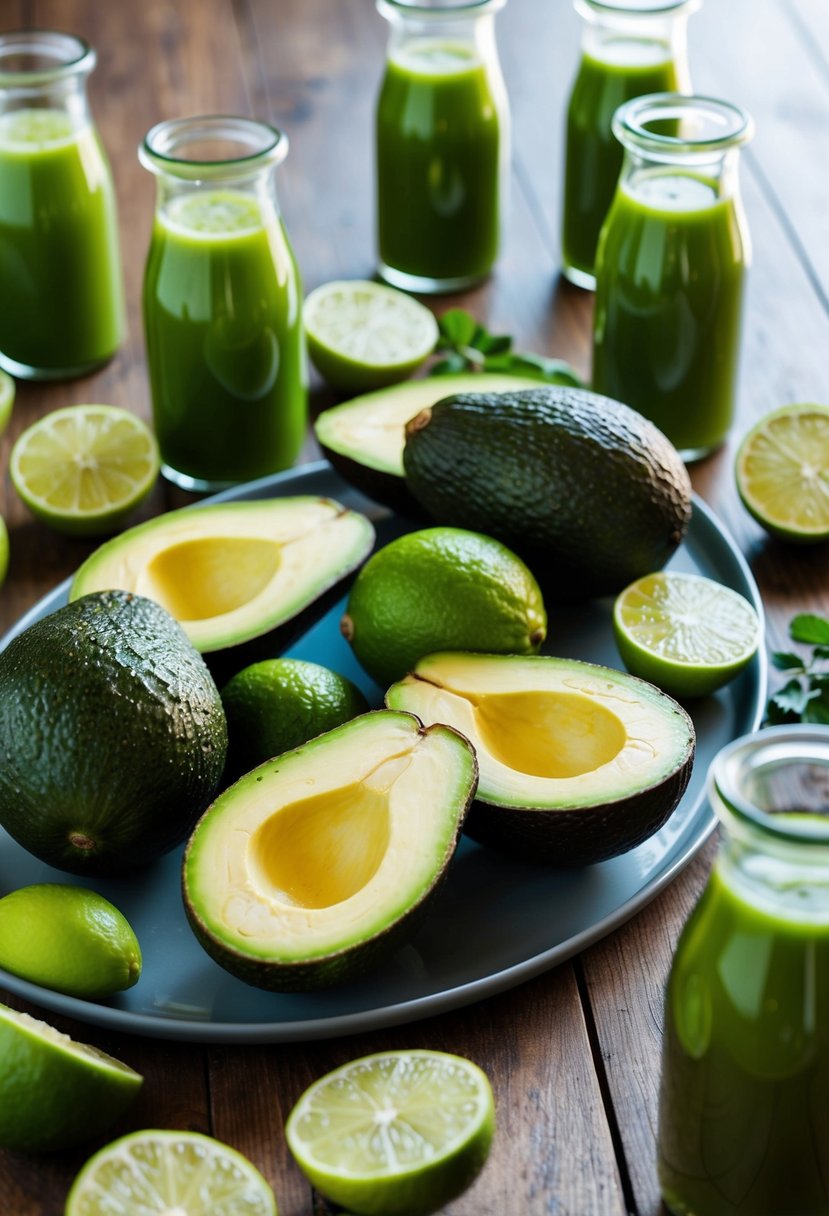 A table with freshly cut avocados and limes, surrounded by vibrant green juice shots in clear glass bottles