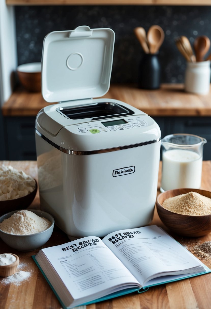 A bread machine surrounded by ingredients like flour, yeast, and salt, with a recipe book open to a page titled "Best Bread Recipes."