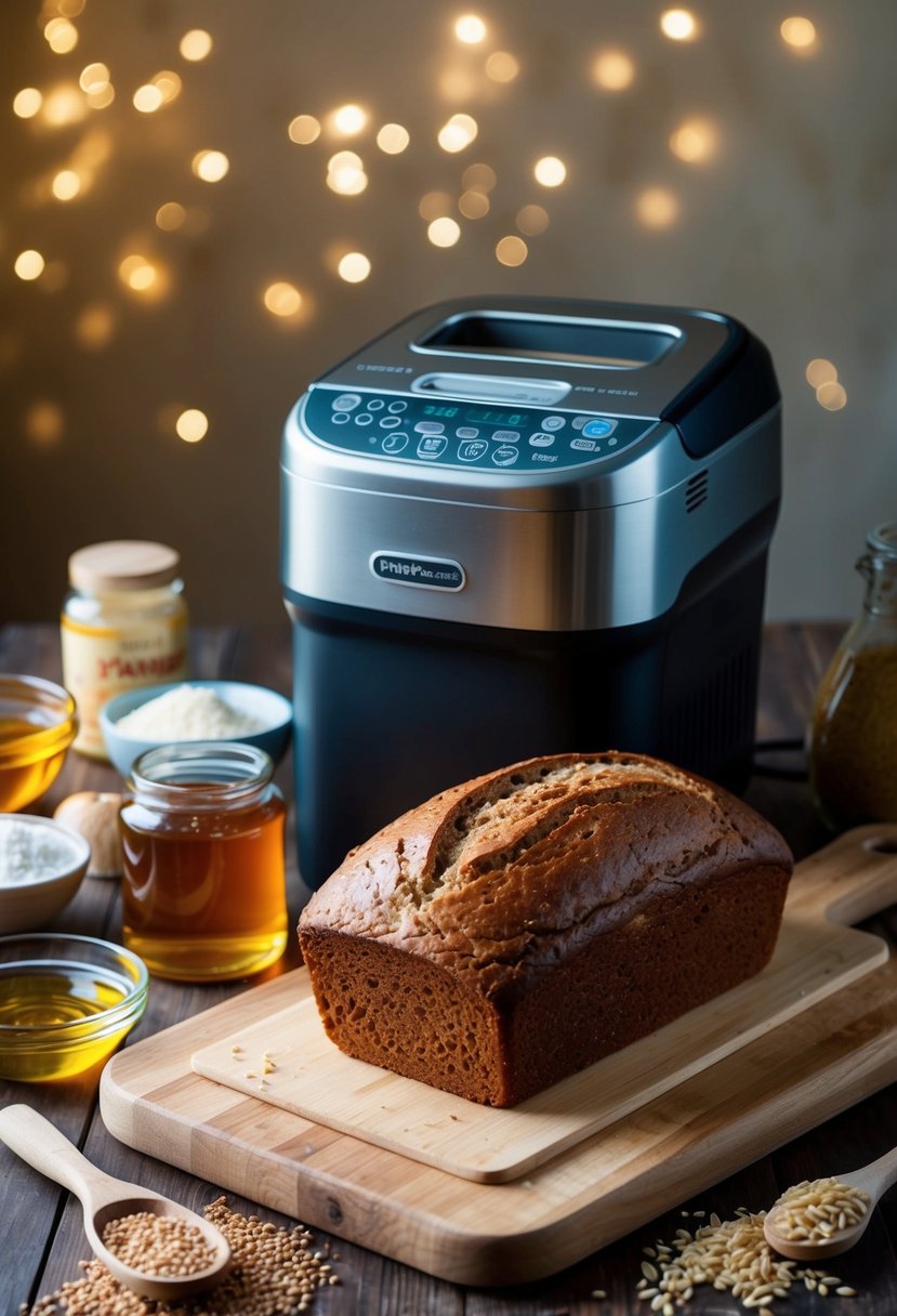 A bread machine surrounded by ingredients like honey, whole wheat flour, and yeast, with a loaf of freshly baked honey whole wheat bread sitting on a wooden cutting board