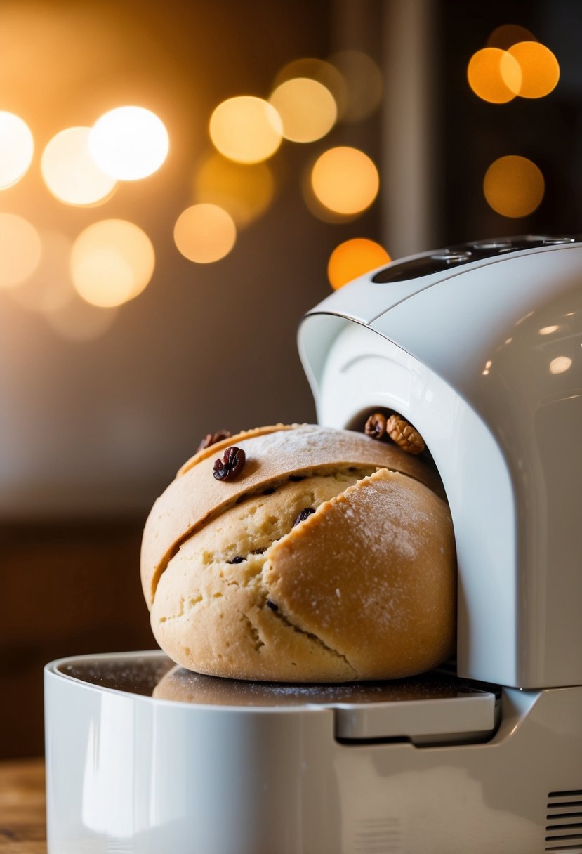 A bread machine kneads dough with raisins and cinnamon