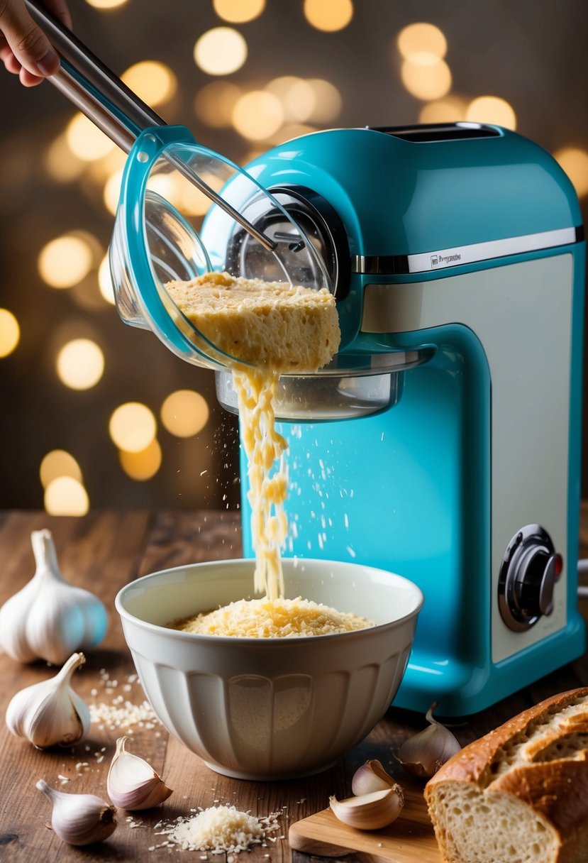 A bread machine pouring ingredients into a mixing bowl, surrounded by garlic cloves, parmesan cheese, and a loaf of freshly baked bread