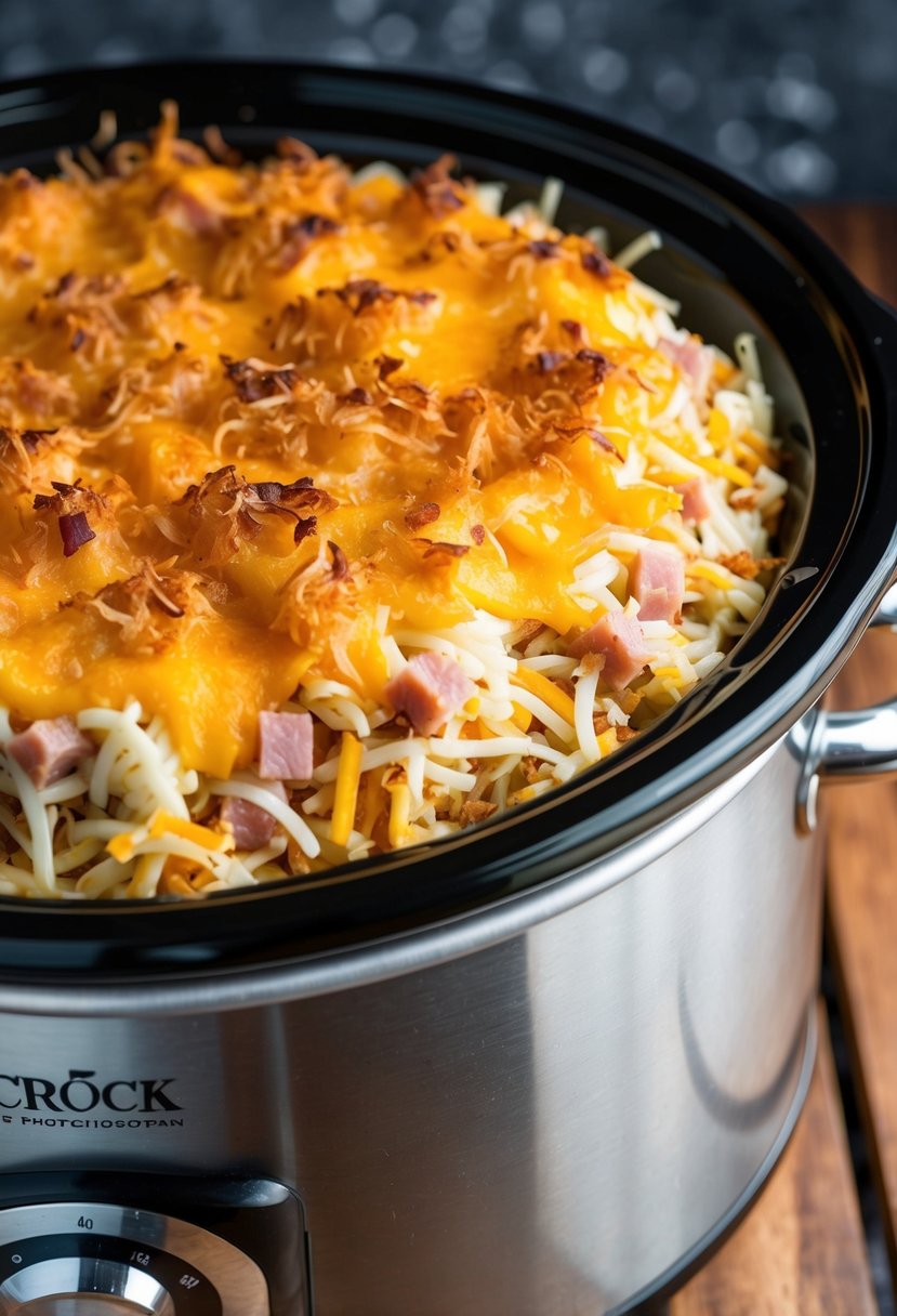 A crock pot filled with layers of shredded hashbrowns, diced ham, and melted cheese, topped with a golden-brown crust