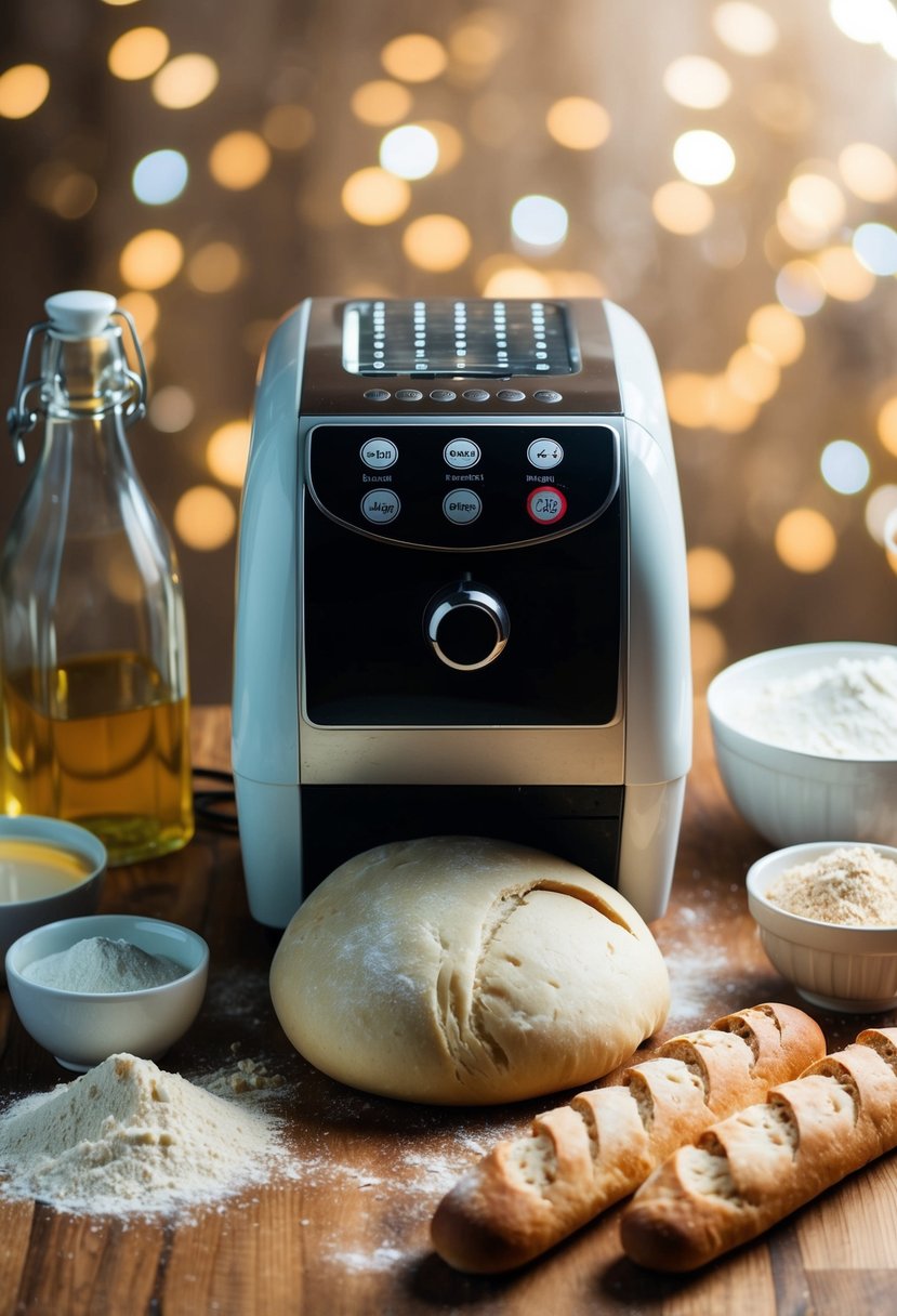 A bread machine kneading dough for a French baguette, surrounded by ingredients like flour, yeast, and water