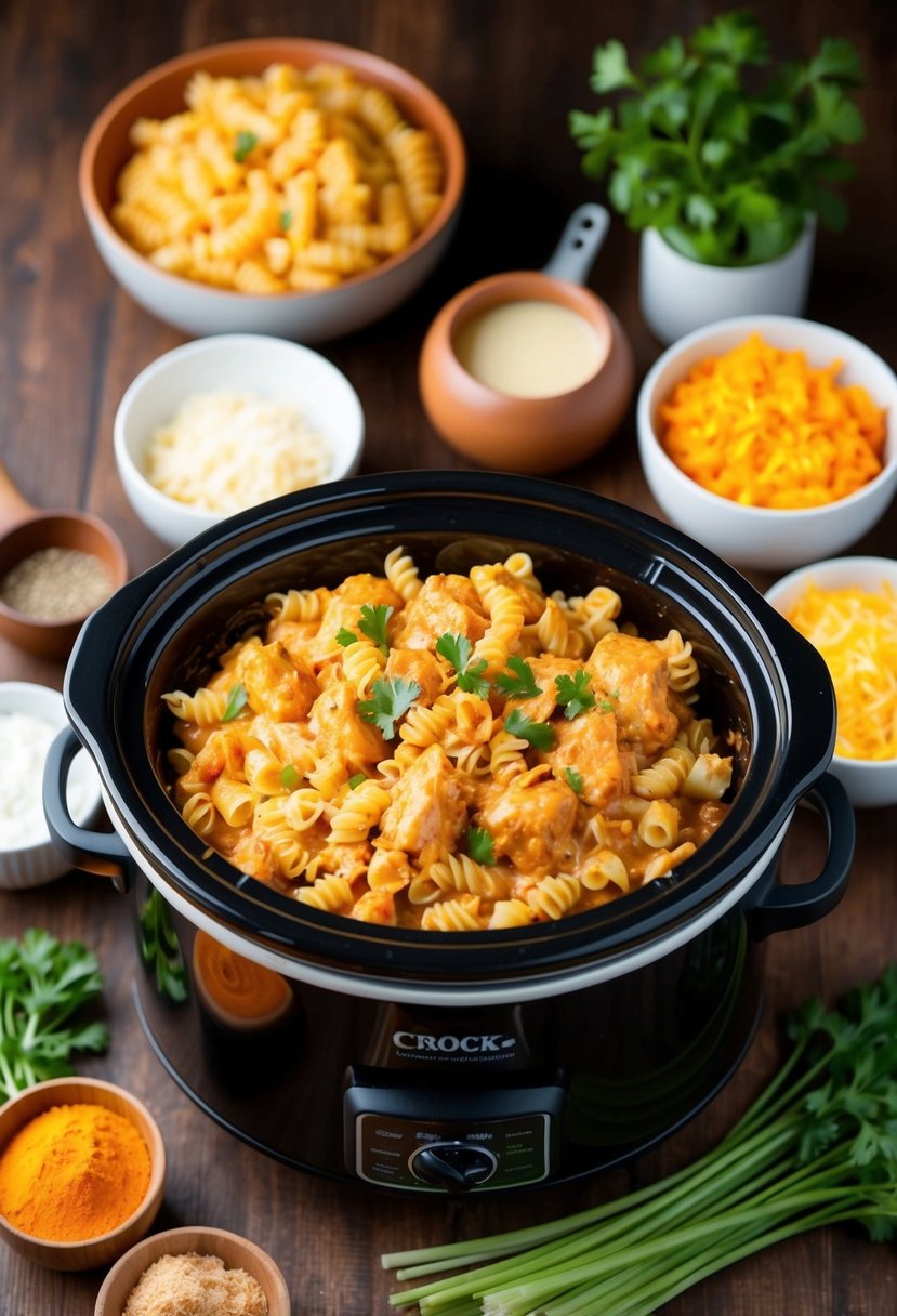 A crock pot filled with buffalo chicken pasta casserole, surrounded by the four simple ingredients needed to make the dish