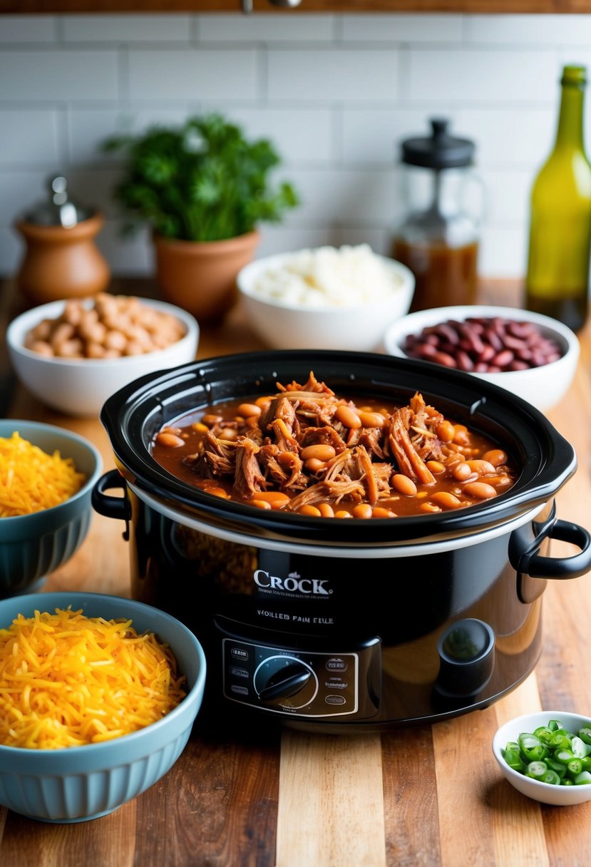 A crock pot filled with BBQ pulled pork, beans, and four other ingredients sits on a kitchen counter, ready to be assembled into an easy casserole recipe for dinner