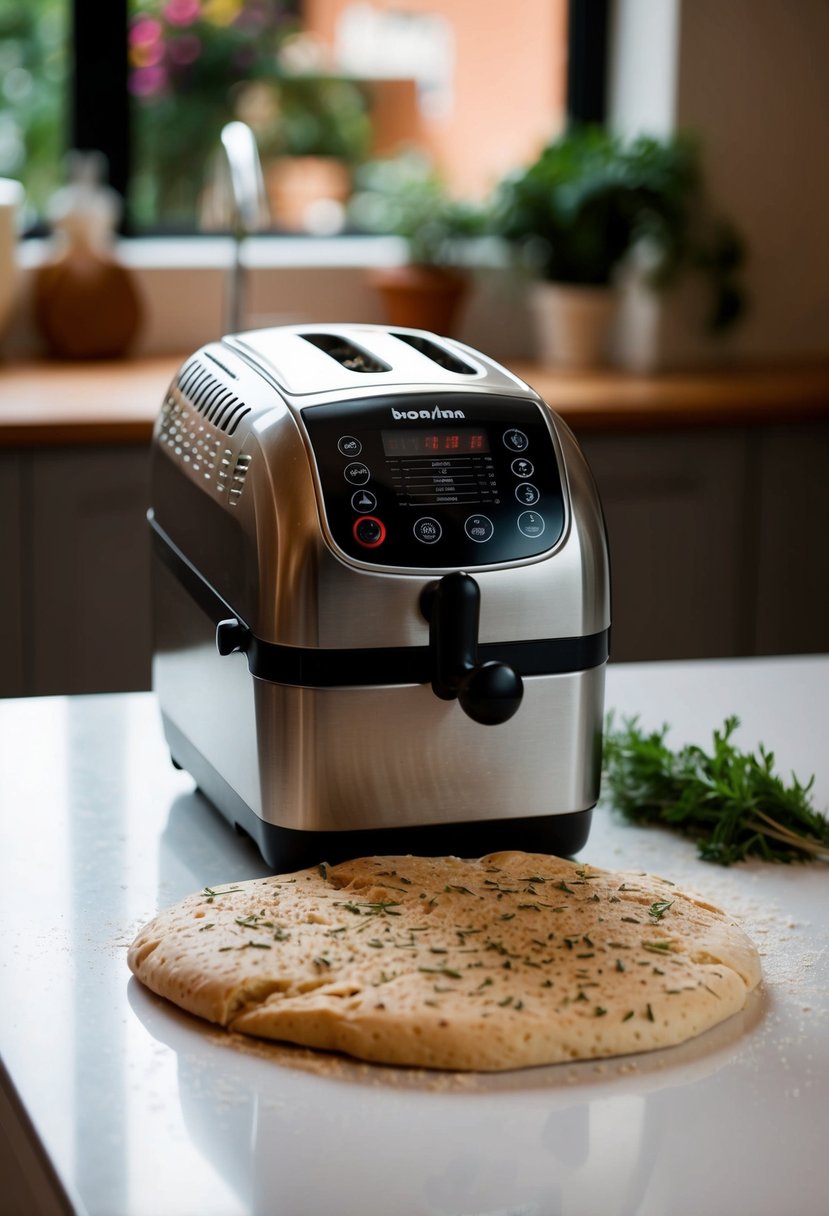 A bread machine kneading dough with Italian herbs