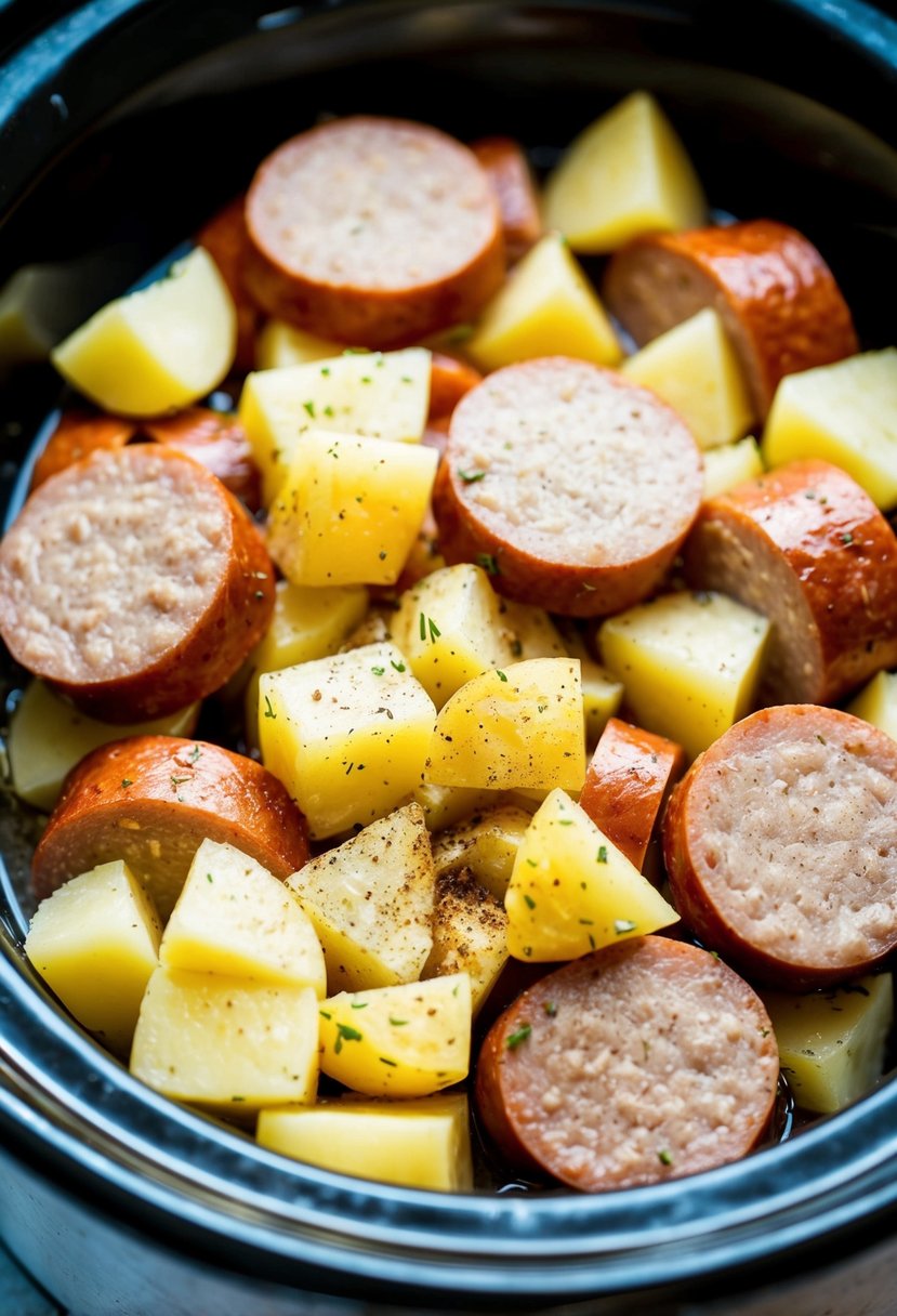 Sliced sausage, diced potatoes, and seasonings in a crock pot