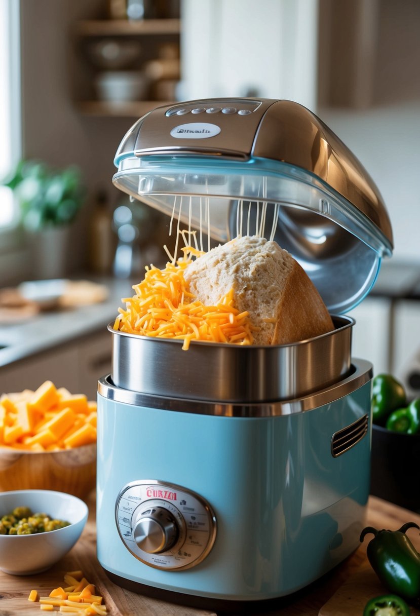 A bread machine mixing cheddar and jalapeño ingredients, ready to bake