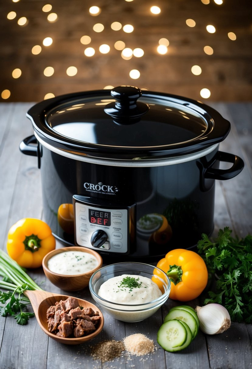 A crock pot surrounded by ingredients like beef, French onion dip, and seasonings, ready to be assembled for an easy dinner casserole