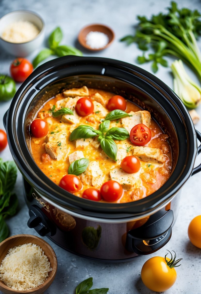 A crock pot filled with creamy tomato basil chicken casserole, surrounded by fresh ingredients