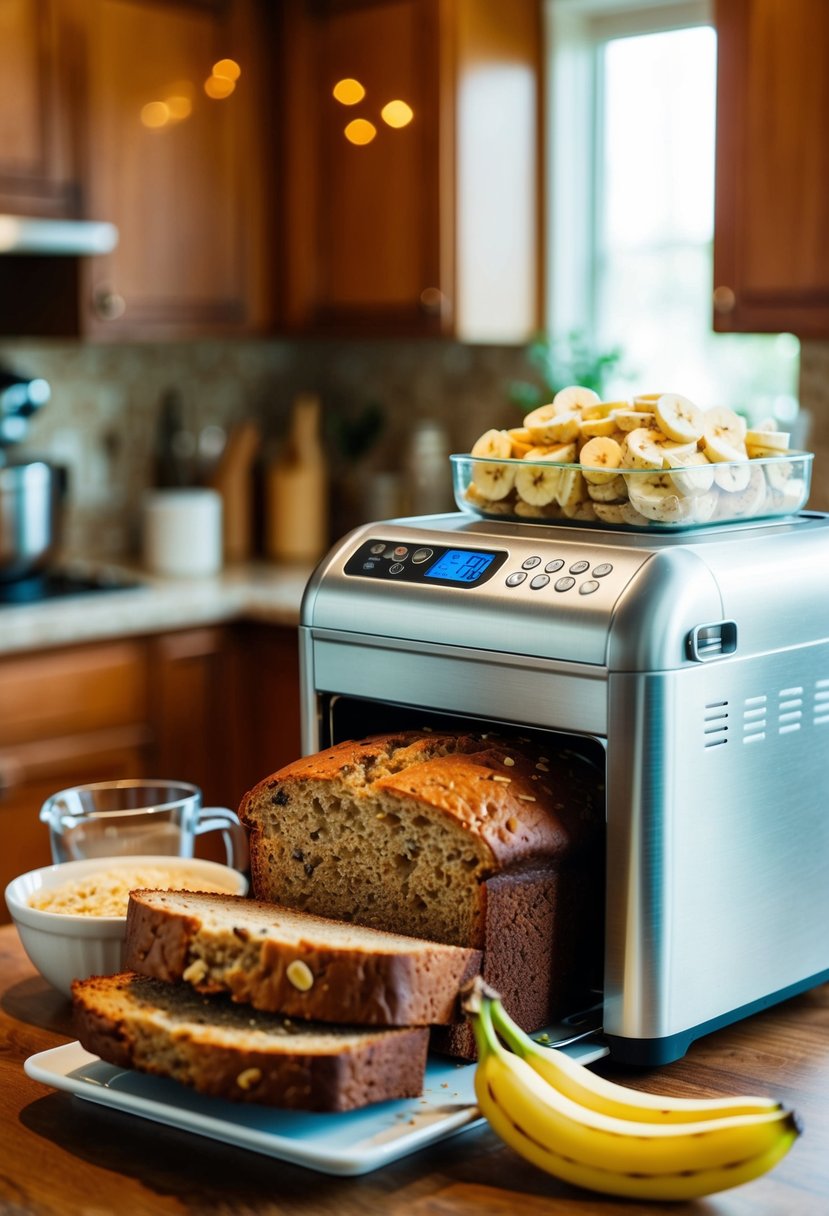 A bread machine filled with ingredients for banana nut bread