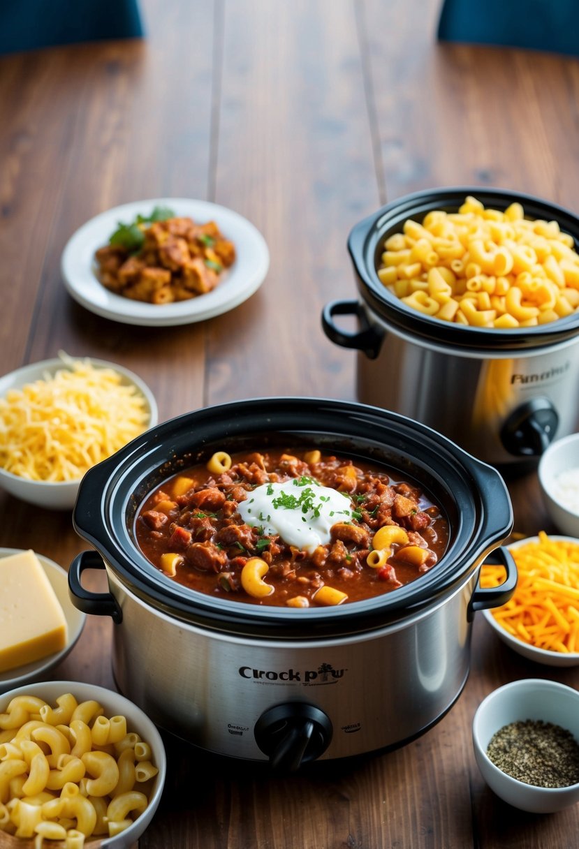 A crock pot surrounded by four ingredients: macaroni, chili, cheese, and seasonings. A dinner table in the background