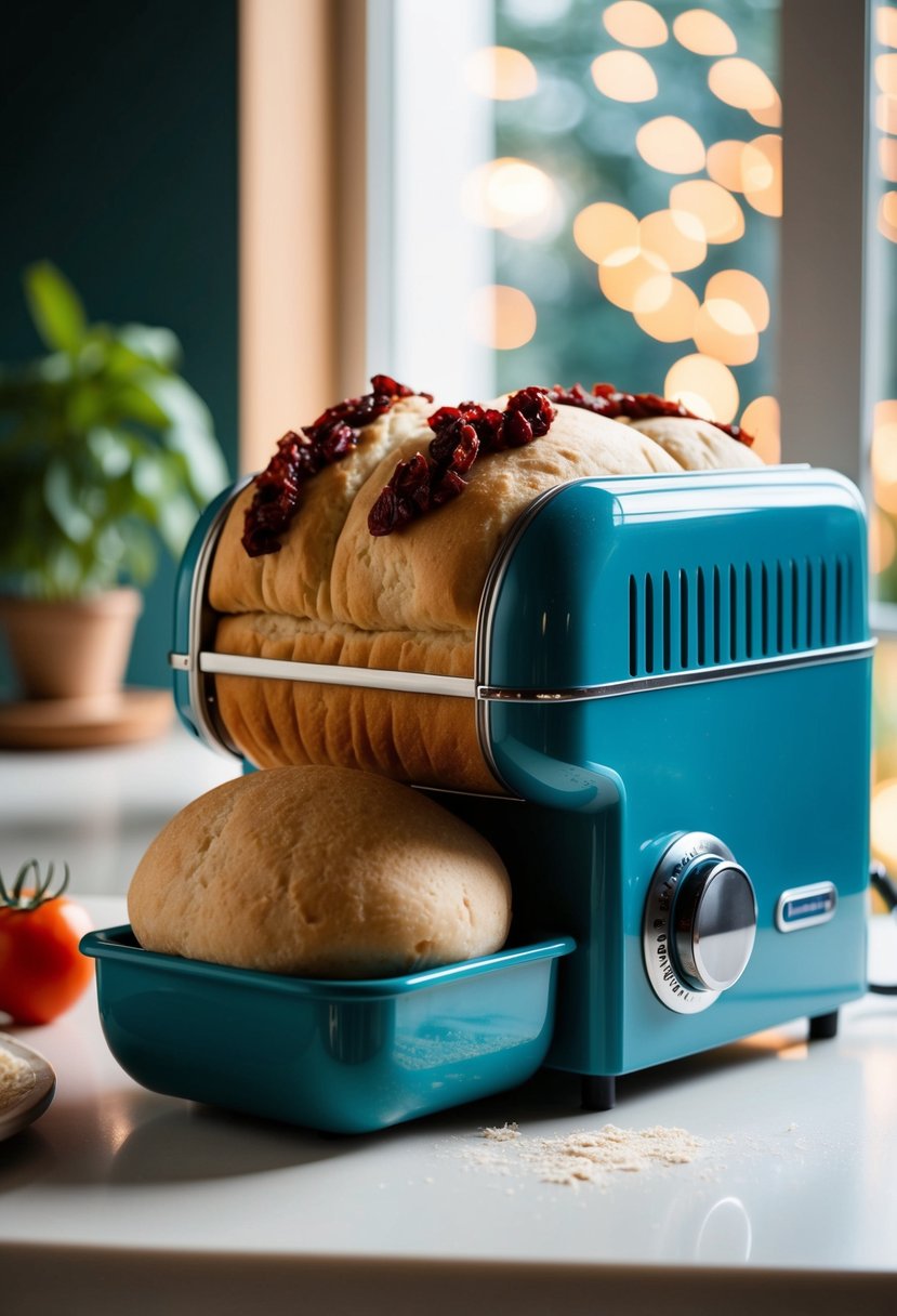 A bread machine kneading sun-dried tomato and basil dough