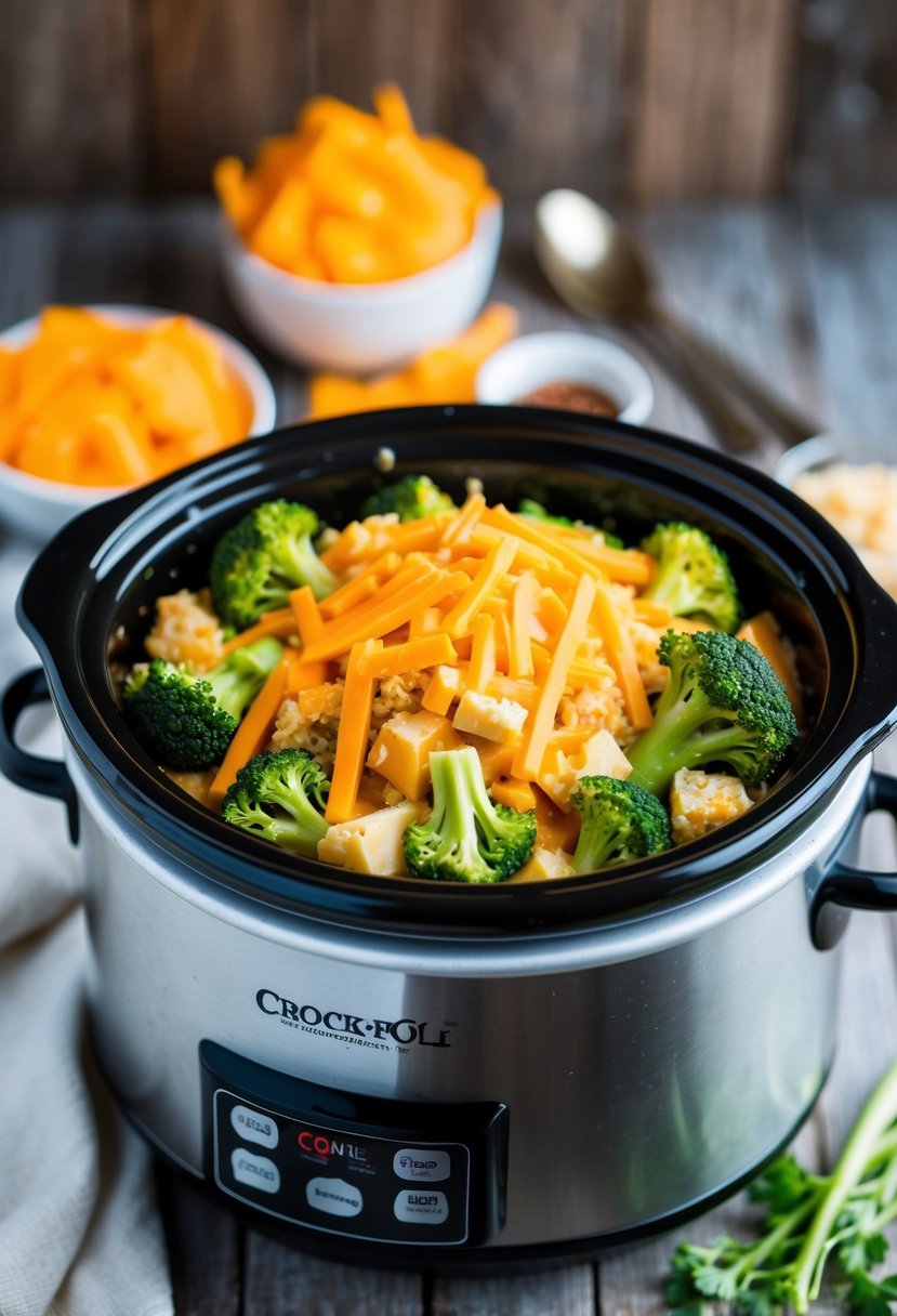 A crock pot filled with layers of broccoli, cheddar cheese, and other ingredients, ready to be cooked into a delicious casserole for dinner