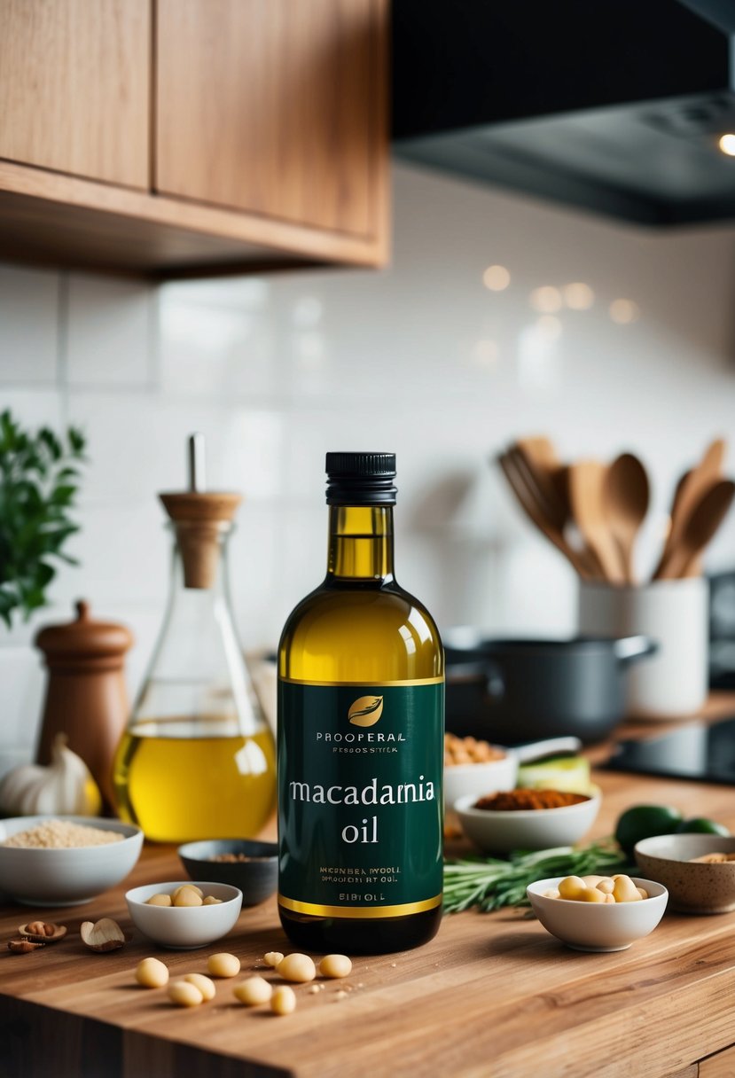 A wooden kitchen counter with a bottle of macadamia oil, surrounded by various ingredients and cooking utensils