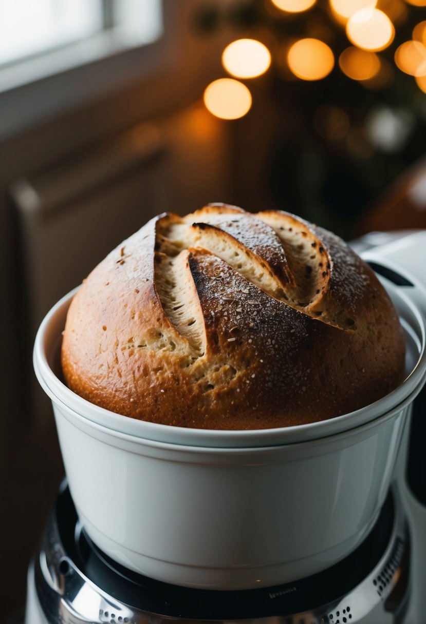 A loaf of rosemary olive oil bread rising in a bread machine