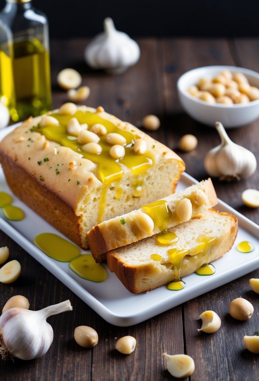 A loaf of garlic bread drizzled with macadamia oil, surrounded by scattered macadamia nuts and garlic cloves