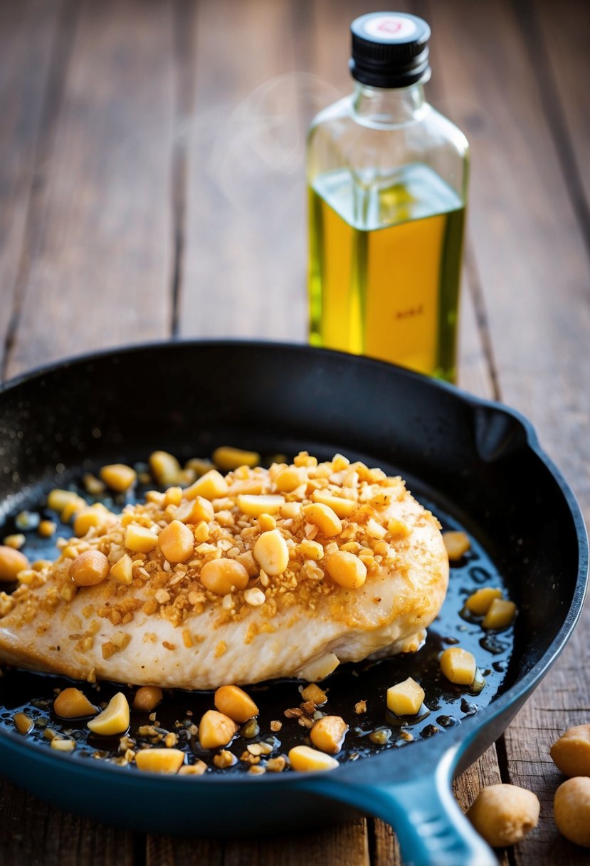 A golden-brown chicken breast coated in crushed macadamia nuts sizzling in a skillet. A bottle of macadamia oil sits nearby