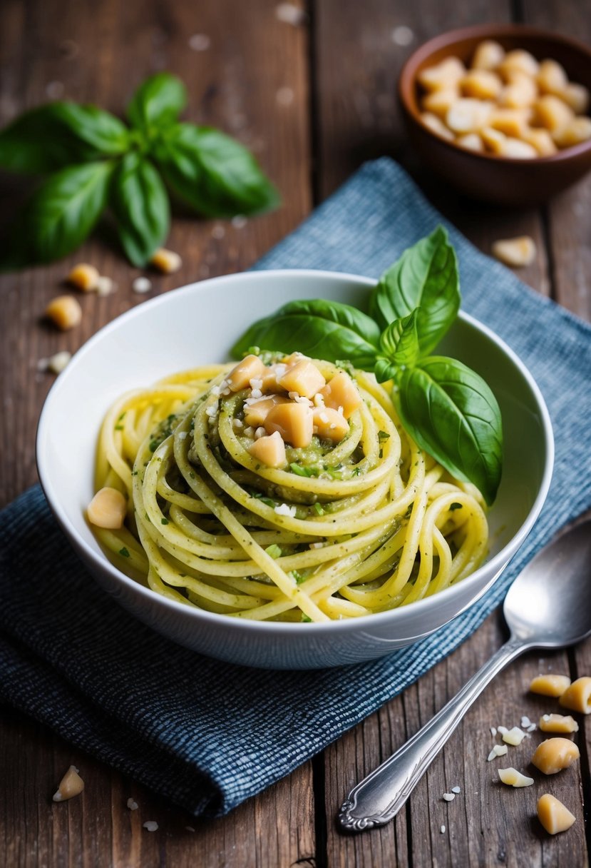 A bowl of Macadamia Pesto Pasta sits on a rustic wooden table, garnished with fresh basil leaves and a sprinkle of crushed macadamia nuts