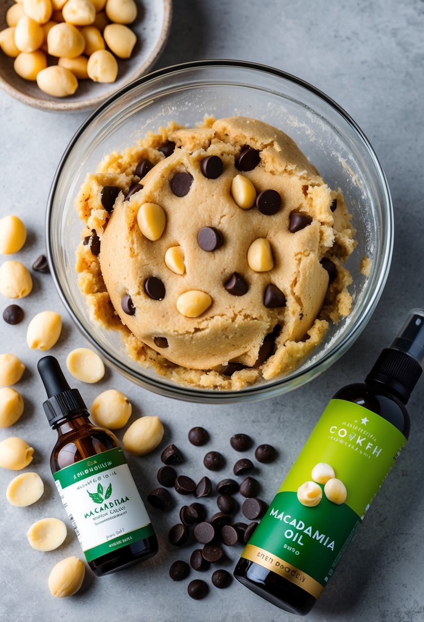 A mixing bowl filled with cookie dough, surrounded by macadamia nuts, chocolate chips, and a bottle of macadamia oil