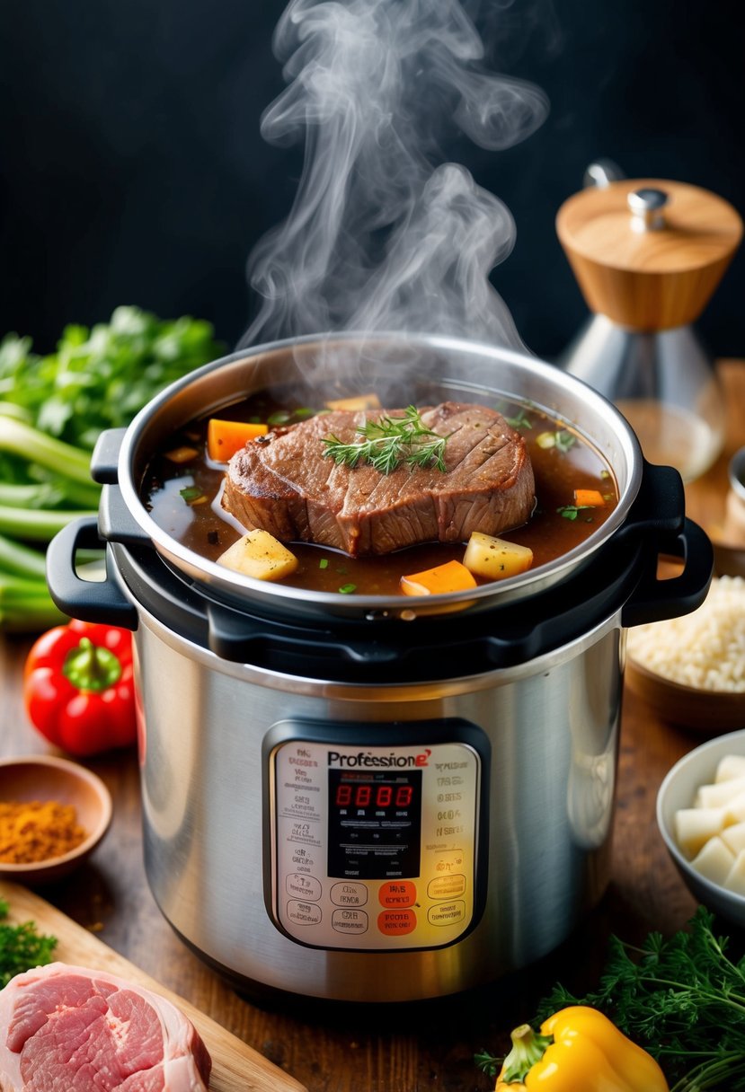 A pressure cooker surrounded by ingredients like sirloin steak, vegetables, and spices, steam rising from the pot