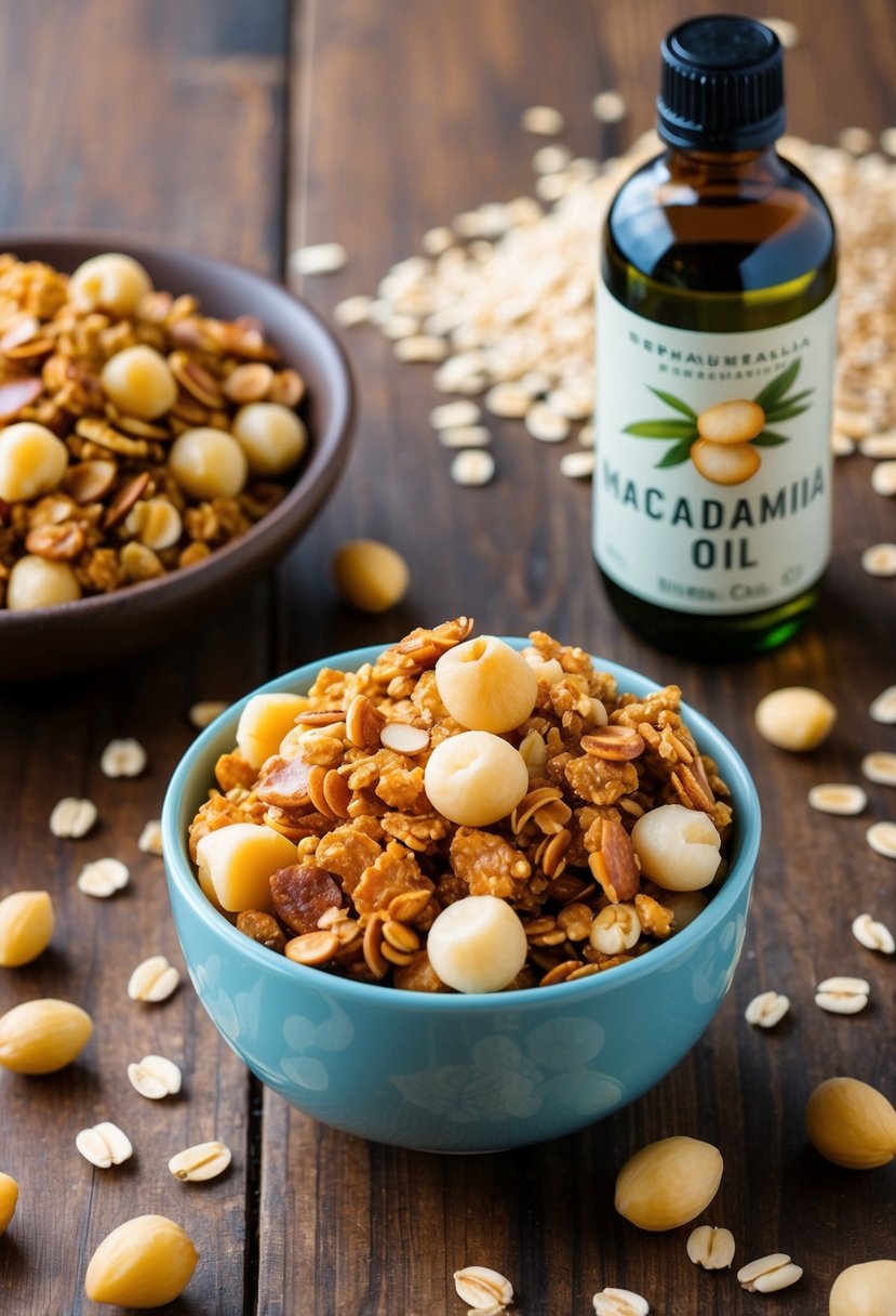 A bowl of Macadamia Nut Granola sits next to a bottle of macadamia oil, surrounded by scattered nuts and oats on a wooden table