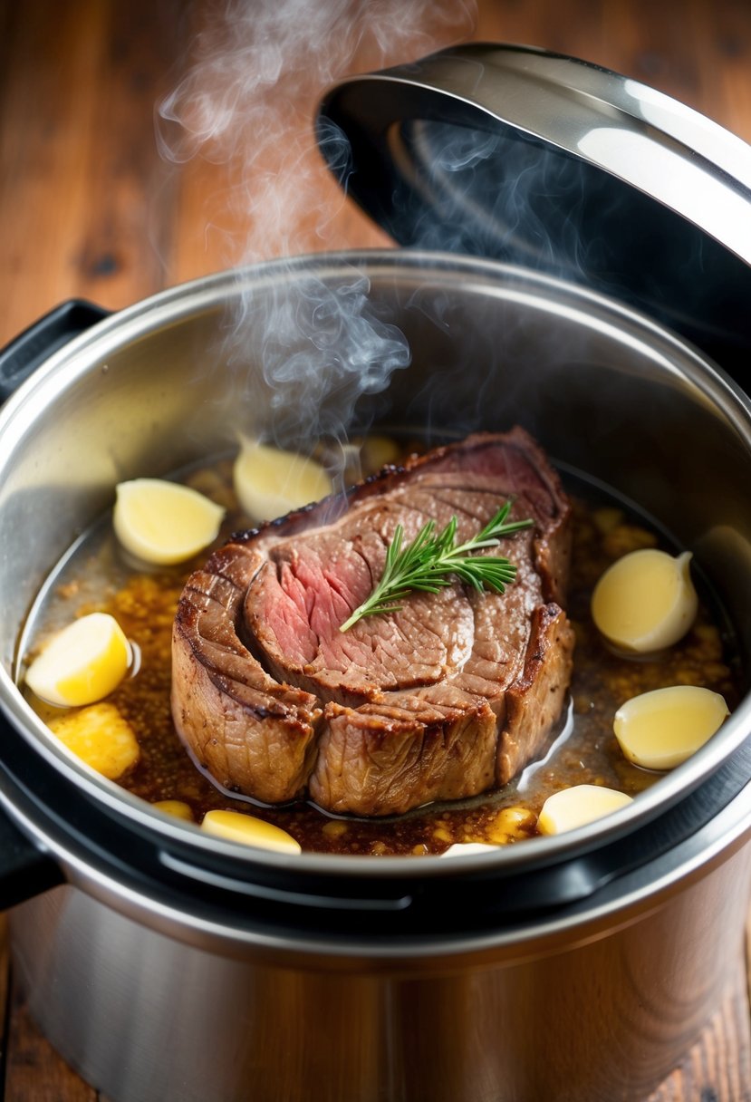 A sirloin steak sizzling in a pressure cooker, surrounded by garlic cloves and butter, emitting a savory aroma