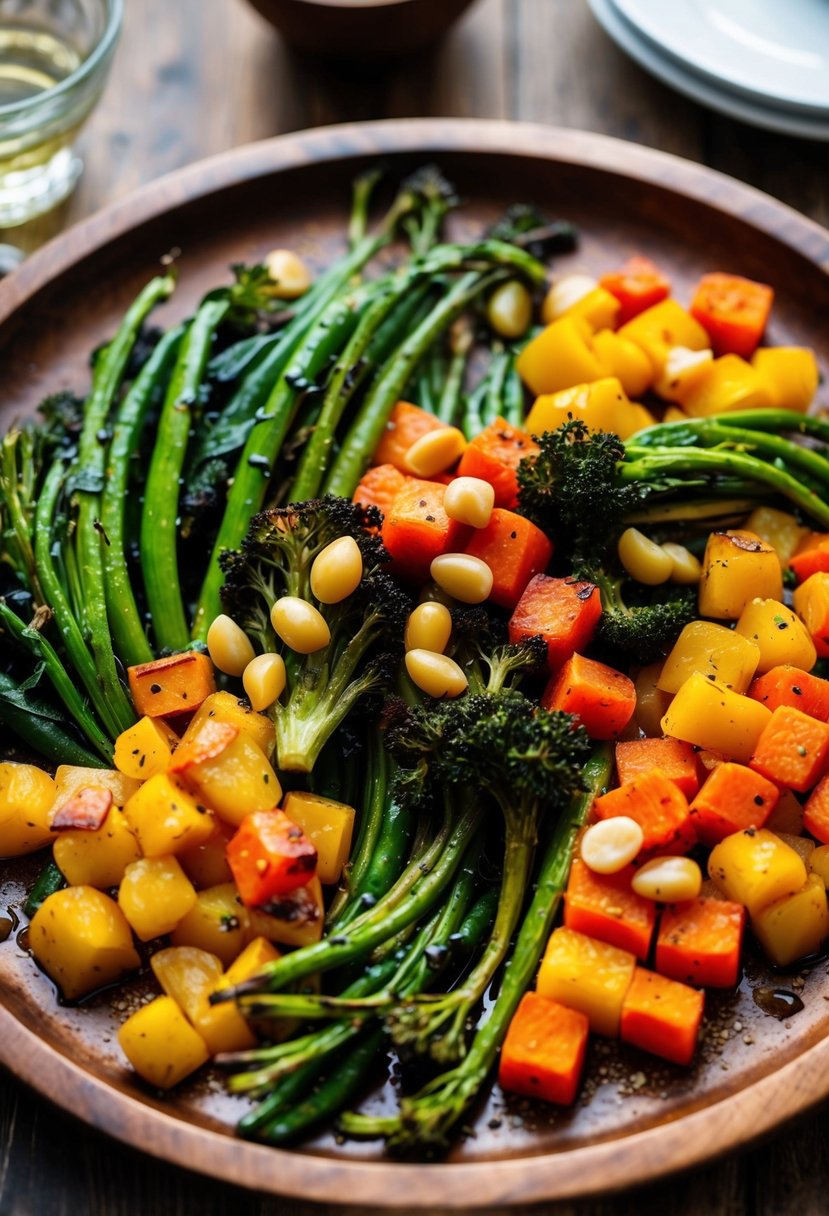 A colorful assortment of roasted vegetables glistening with macadamia oil, arranged on a rustic wooden platter