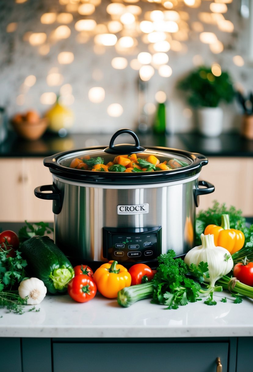 A crock pot surrounded by various fresh vegetables and herbs on a kitchen counter