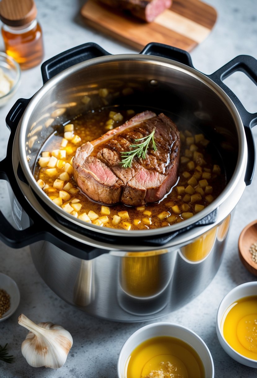 A sirloin steak sizzling in a pressure cooker, surrounded by honey and garlic, emitting a savory aroma