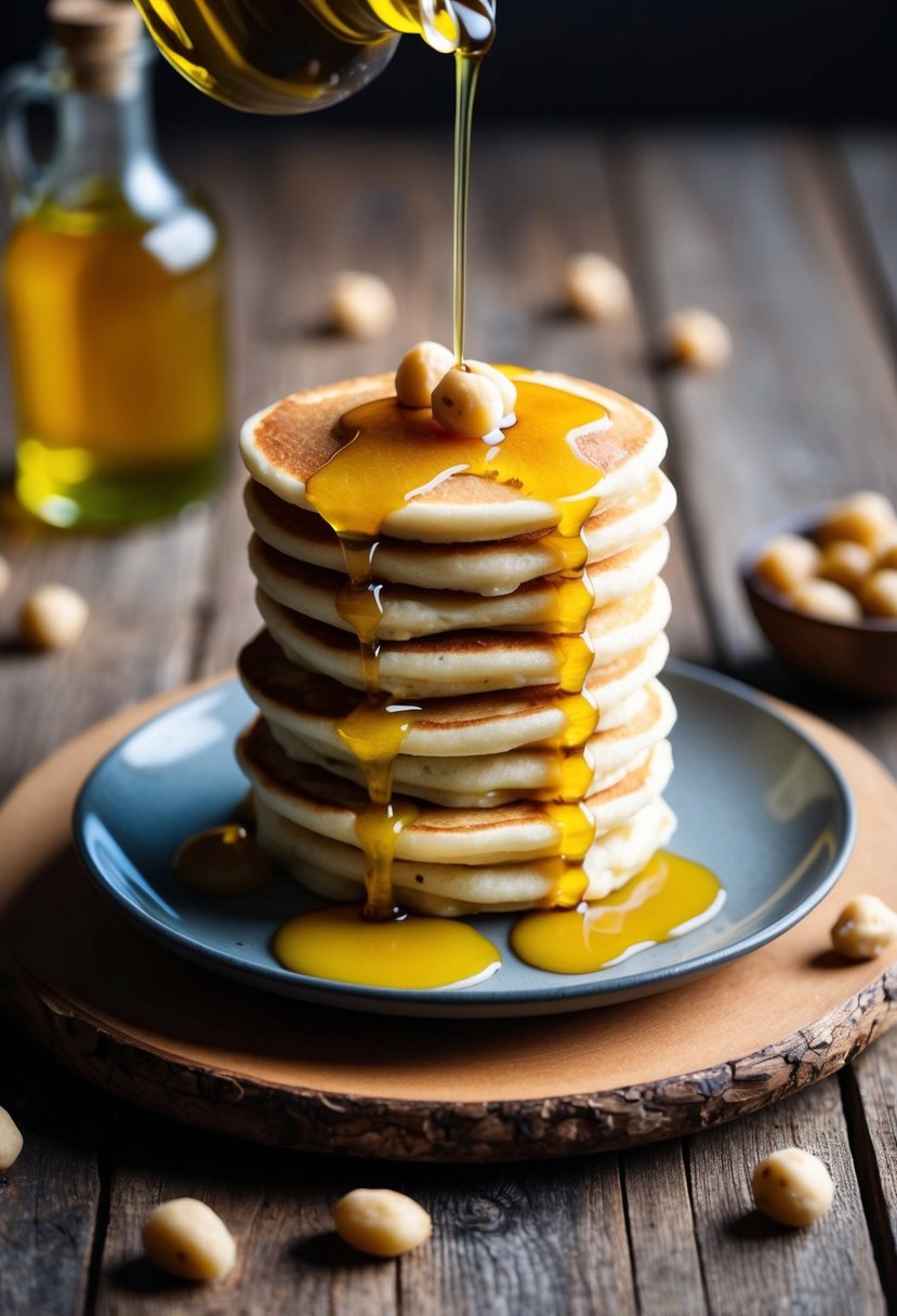 A stack of macadamia nut pancakes drizzled with macadamia oil on a rustic wooden table, surrounded by a scattering of whole macadamia nuts