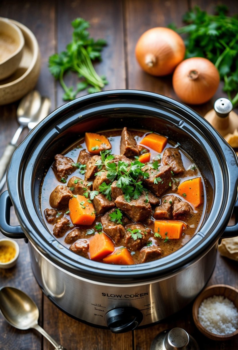 A bubbling slow cooker filled with hearty beef stew, surrounded by rustic kitchen utensils and fresh ingredients