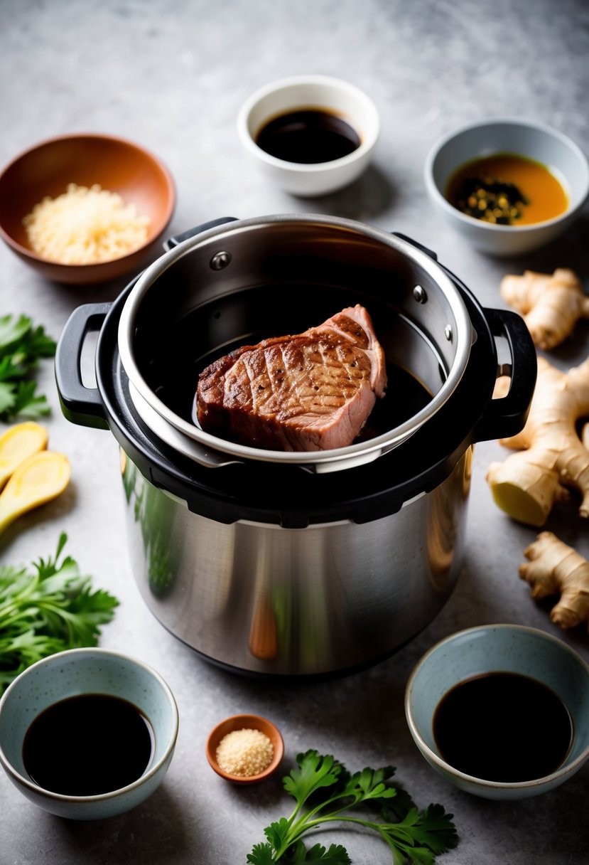 A pressure cooker surrounded by fresh ginger, soy sauce, and a juicy sirloin steak