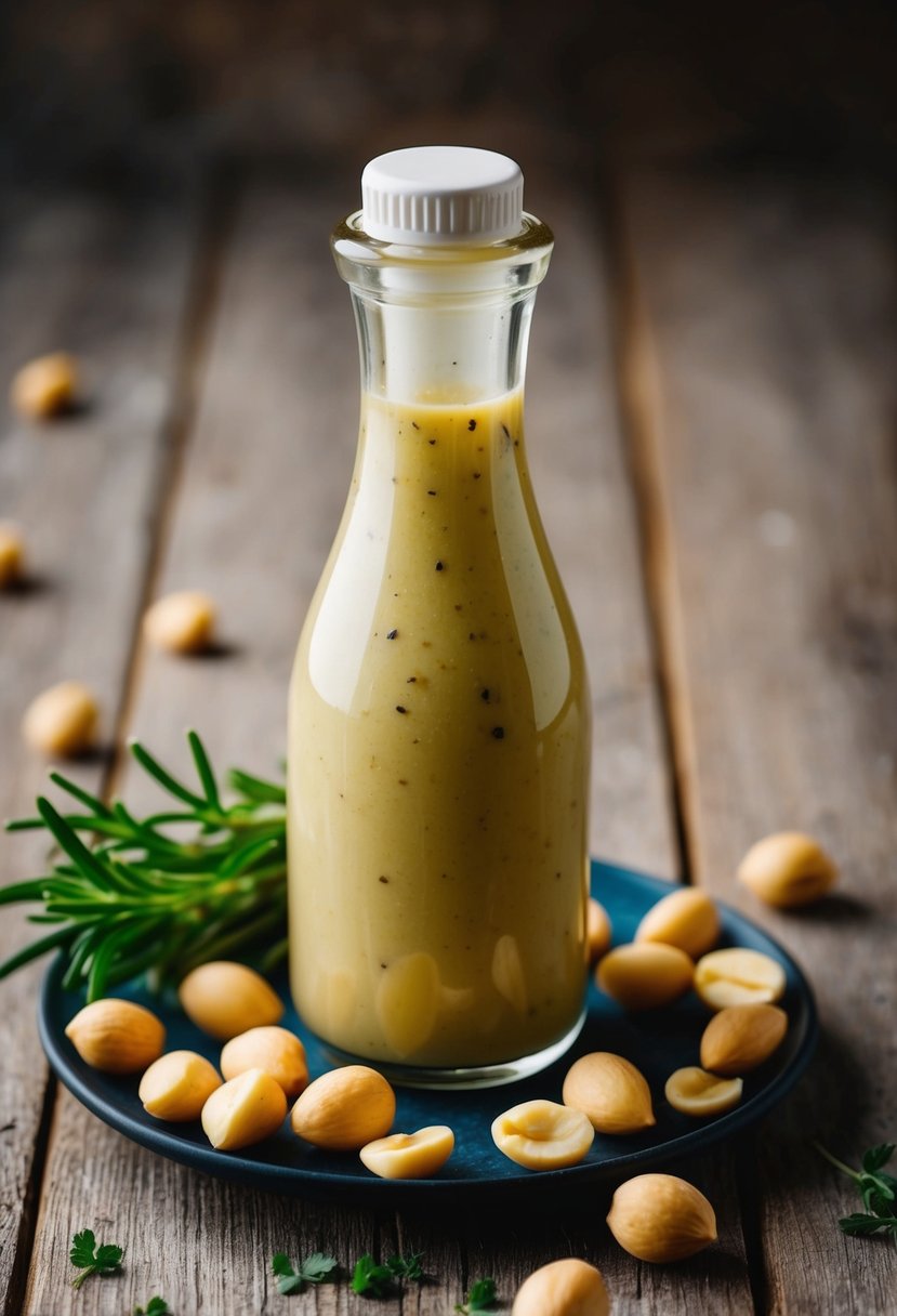 A glass bottle of macadamia nut salad dressing surrounded by fresh macadamia nuts and a sprig of herbs