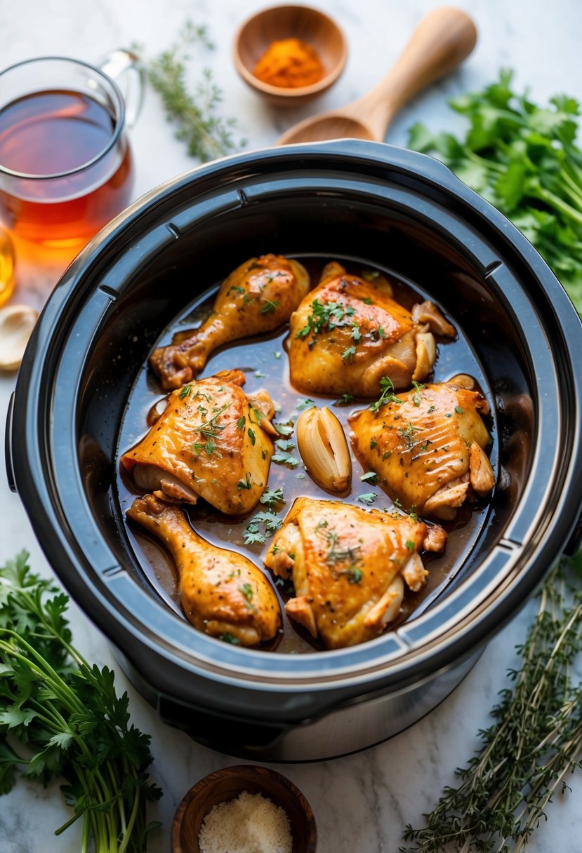 A crock pot filled with honey garlic chicken surrounded by fresh herbs and spices