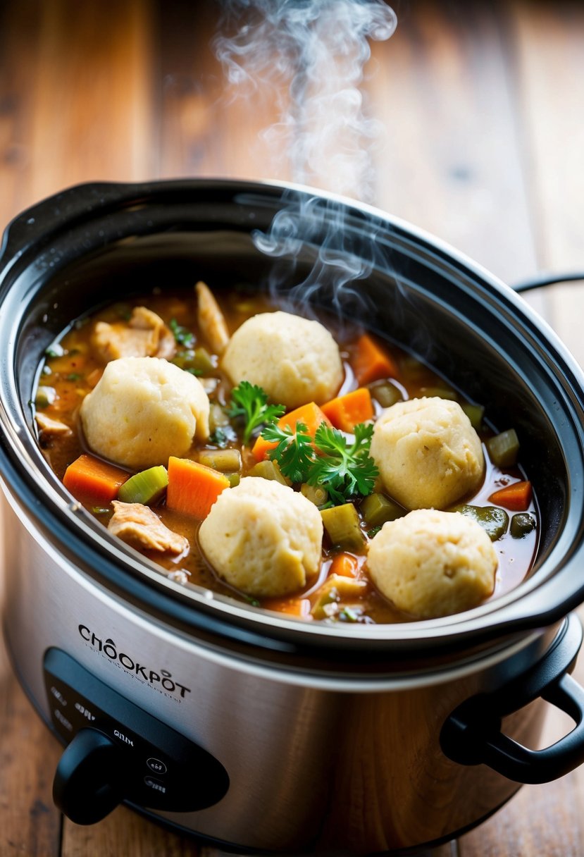 A bubbling crockpot filled with chicken, vegetables, and dumplings, emitting a savory aroma